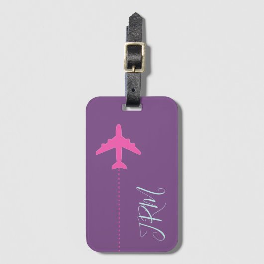 Gepersonaliseerd roze vliegtuig op paarse monogram bagagelabel (Voorkant (verticaal))
