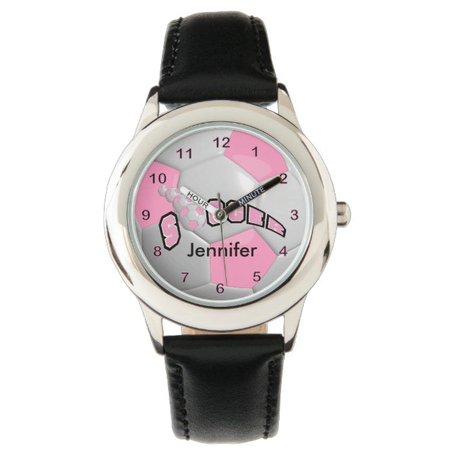 Gepersonaliseerd roze Voetbal Horloge (Voorkant)