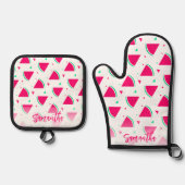 Gepersonaliseerd roze watermeloen patroon ovenwant & pannenlap set (Voorkant)