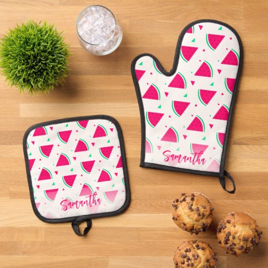 Gepersonaliseerd roze watermeloen patroon ovenwant & pannenlap set (Top down)