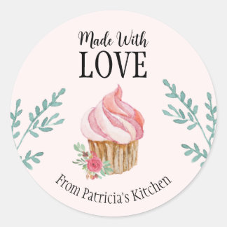 Gepersonaliseerd roze Waterverf bloemencake Ronde Sticker
