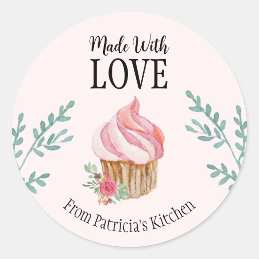 Gepersonaliseerd roze Waterverf bloemencake Ronde Sticker (Voorkant)