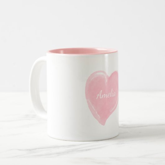 Gepersonaliseerd roze Waterverf hart Tweekleurige Koffiemok (Voorkant links)