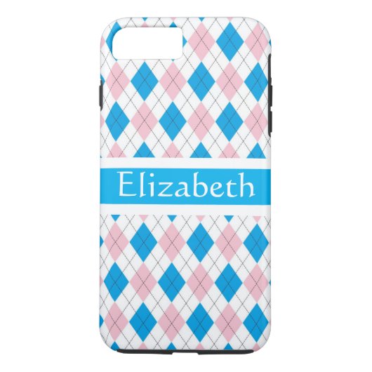Gepersonaliseerd roze witte blauwe argyle patroon Case-Mate iPhone case (Achterkant)