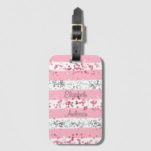 Gepersonaliseerd roze witte grijze zilver glitter bagagelabel (Voorkant (verticaal))