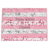 Gepersonaliseerd roze witte grijze zilver glitter groot cadeauzakje (Voorkant)