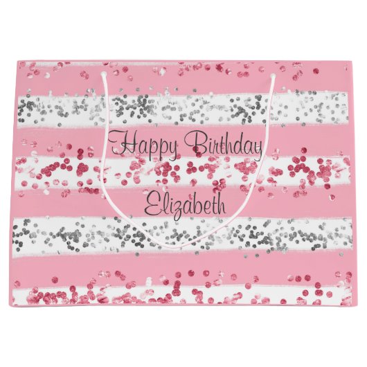 Gepersonaliseerd roze witte grijze zilver glitter groot cadeauzakje (Voorkant)