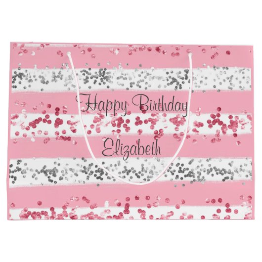 Gepersonaliseerd roze witte grijze zilver glitter groot cadeauzakje (Achterkant)