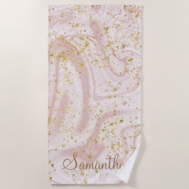 Gepersonaliseerd roze witte marmer Gold Glitter Strandlaken