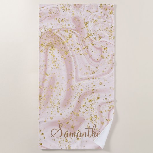 Gepersonaliseerd roze witte marmer Gold Glitter Strandlaken (Voorkant)