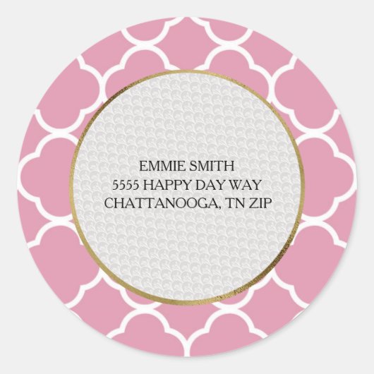 Gepersonaliseerd Roze Witte Quatrefoil Retouradres Ronde Sticker (Voorkant)