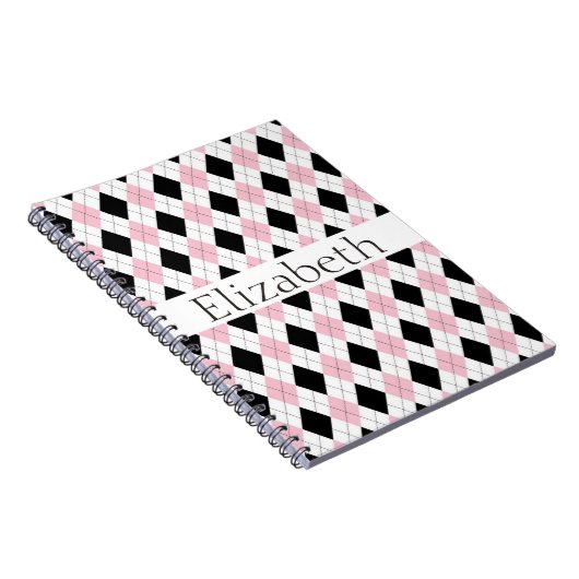 Gepersonaliseerd roze witte zwarte argyle-patroon notitieboek (Rechterzijde)