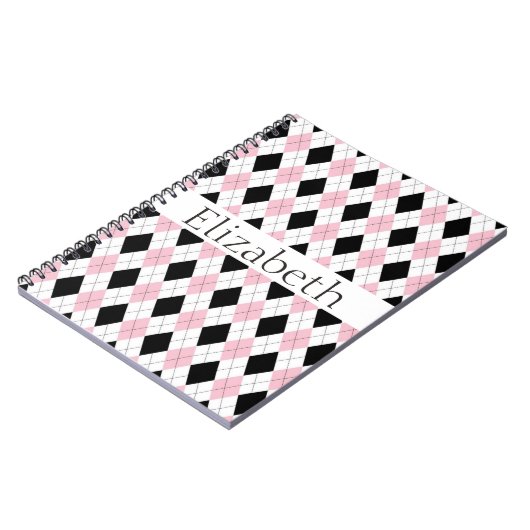 Gepersonaliseerd roze witte zwarte argyle-patroon notitieboek (Linkerzijde)