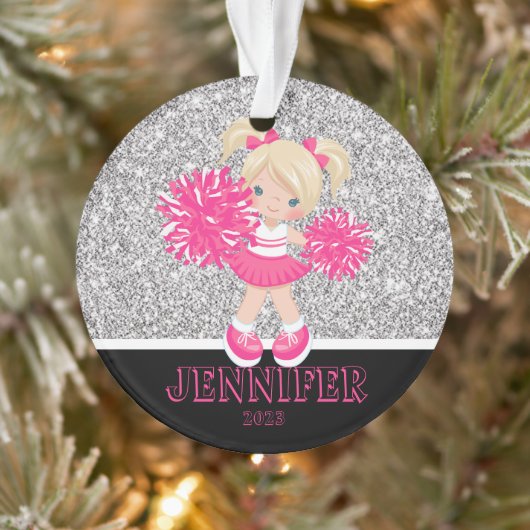 Gepersonaliseerd Roze & Zilver Cheerleading Orname Ornament (Boom)