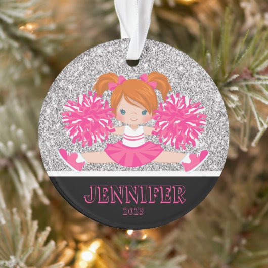 Gepersonaliseerd Roze & Zilver Cheerleading Orname Ornament (Boom)