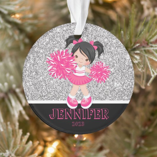 Gepersonaliseerd Roze & Zilver Cheerleading Orname Ornament (Boom)