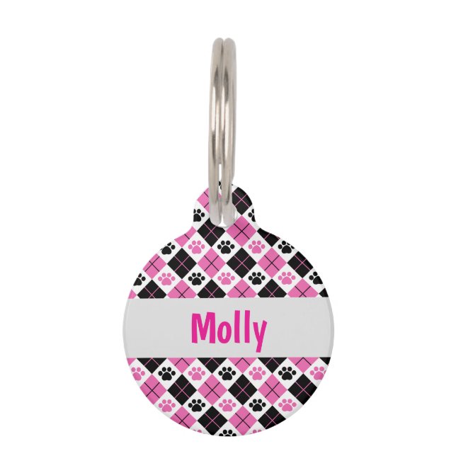 Gepersonaliseerd Roze & Zwart Argyle Paw Print Huisdierpenning (Voorkant)