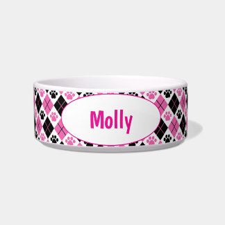 Gepersonaliseerd Roze & Zwart Argyle Paw Print Voerbakje