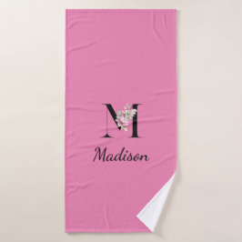 Gepersonaliseerd roze, zwart elegant monogram bad handdoek