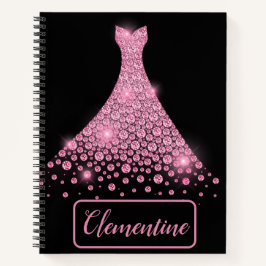 Gepersonaliseerd roze zwart glitter Gown-zakboek Notitieboek