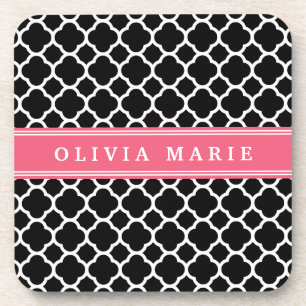Gepersonaliseerd roze zwart Quatrefoil patroon Drankjes Onderzetter