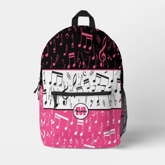 Gepersonaliseerd roze, zwart-wit muziekontwerp bedrukte rugzak (Voorkant)