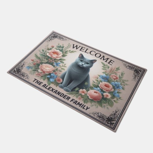 Gepersonaliseerd Russisch blauw Kat Bloemen Chic W Deurmat (Schuin)