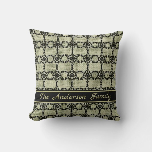 Gepersonaliseerd Rustic Burlap Black Snowflake Pat Kussen (Voorkant)
