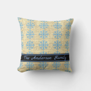 Gepersonaliseerd Rustic Burlap Blue Snowflake Patt Kussen