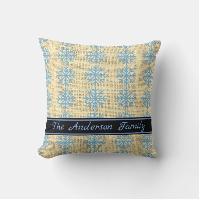 Gepersonaliseerd Rustic Burlap Blue Snowflake Patt Kussen (Voorkant)