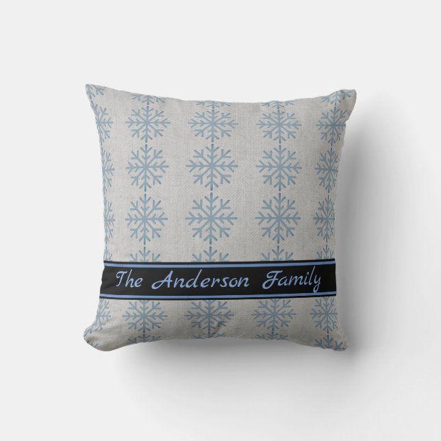 Gepersonaliseerd Rustic Burlap Blue Snowflake Patt Kussen (Voorkant)