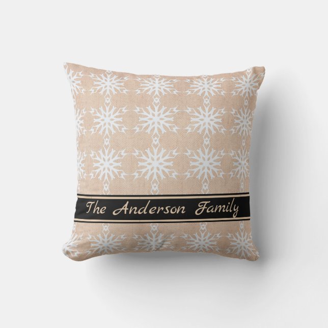 Gepersonaliseerd Rustic Burlap White Snowflake Pat Kussen (Voorkant)