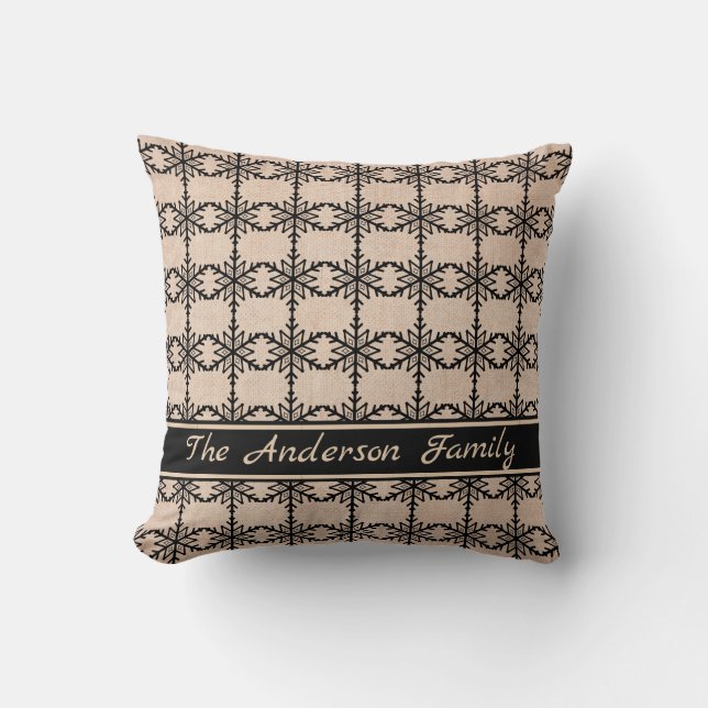 Gepersonaliseerd Rustic Burlap White Snowflake Pat Kussen (Voorkant)