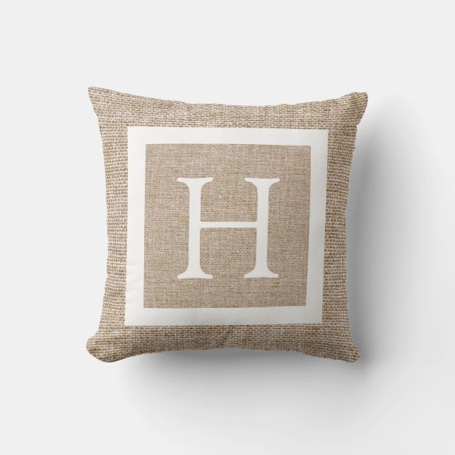 Gepersonaliseerd Rustic Faux Burlap Monogram Kussen (Voorkant)
