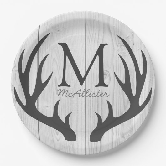 Gepersonaliseerd - Rustic Grey Deer Antlers White  Papieren Bordje (Voorkant)