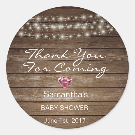 Gepersonaliseerd Rustic String Lights Baby shower  Ronde Sticker (Voorkant)