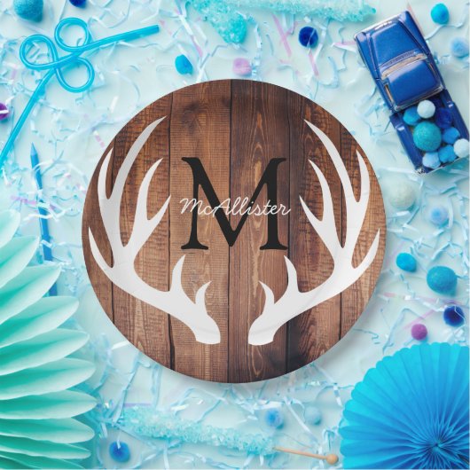 Gepersonaliseerd - Rustiek White Deer Antlers Schu Papieren Bordje (Feest)