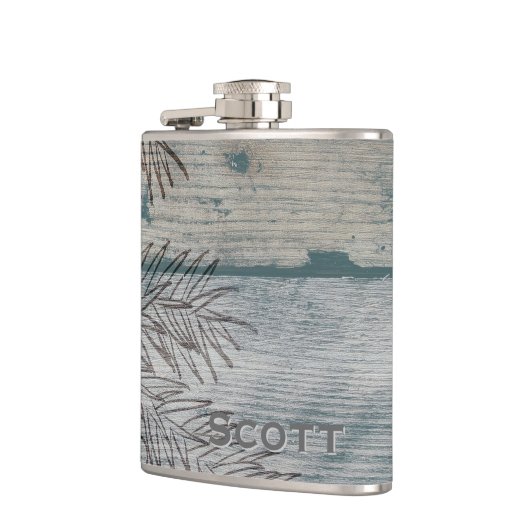 Gepersonaliseerd | Rustieke Houten Winter Dennenbo Heupfles (Links)