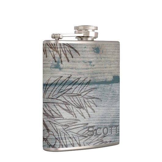 Gepersonaliseerd | Rustieke Houten Winter Dennenbo Heupfles (Rechts)