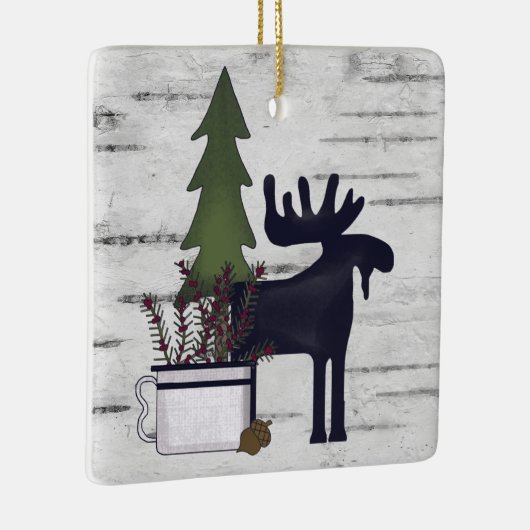 Gepersonaliseerd Rustisch Land Moose Birch Kerstmi Keramisch Ornament (Rechts)