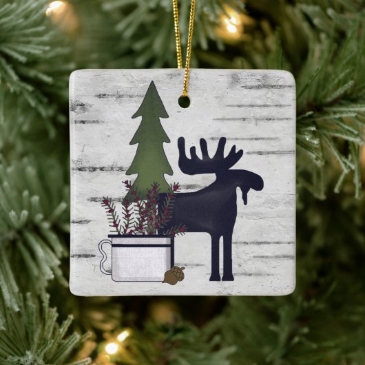 Gepersonaliseerd Rustisch Land Moose Birch Kerstmi Keramisch Ornament (Boom)