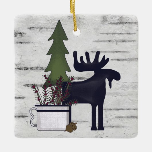 Gepersonaliseerd Rustisch Land Moose Birch Kerstmi Keramisch Ornament (Voorkant)