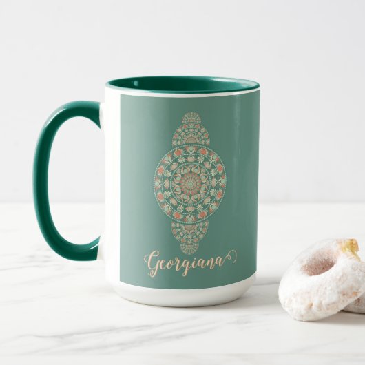 Gepersonaliseerd Sage & Sand Retro Ornamental Mand Mok (Met donut)