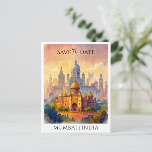 Gepersonaliseerd Save the Date Mumbai Waterverf Briefkaart (Staand voorkant)