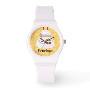 Gepersonaliseerd schattig geel keuken Schort Horloge