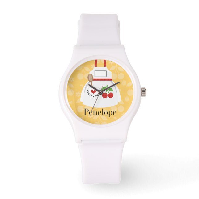 Gepersonaliseerd schattig geel keuken Schort Horloge (Voorkant)