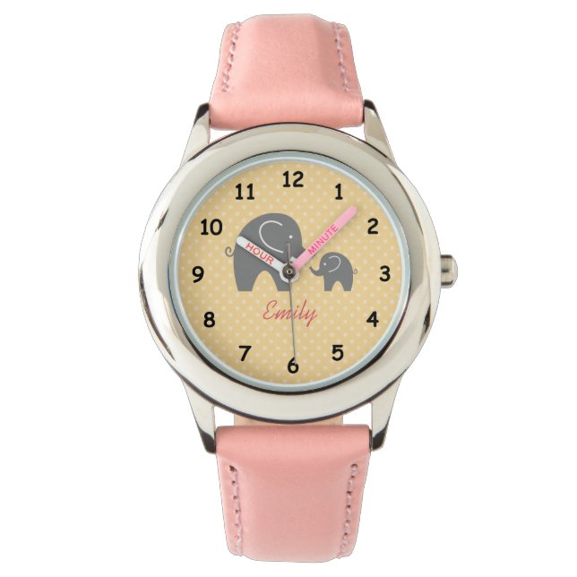 Gepersonaliseerd schattig roze grijs olifant meisj horloge (Voorkant)