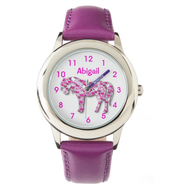 Gepersonaliseerd Schattig Roze Hart Paard Pony Horloge (Voorkant)