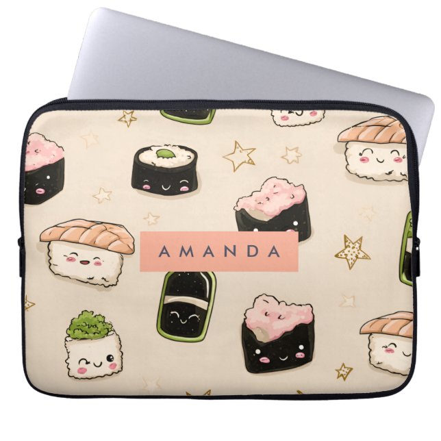 Gepersonaliseerd Schattig sushi en sojasaus patroo Laptop Sleeve (Voorkant)