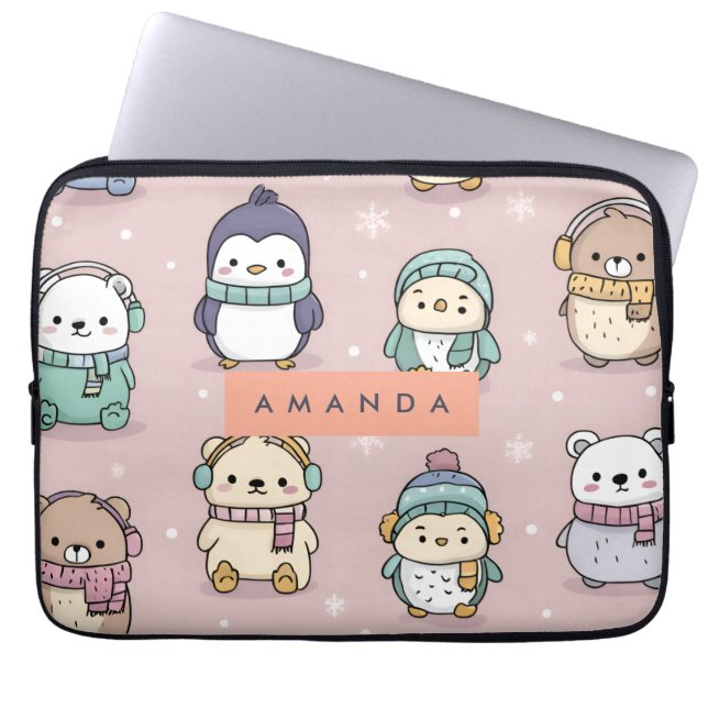 Gepersonaliseerd Schattig winterpinguïnpatroon Laptop Sleeve (Voorkant)